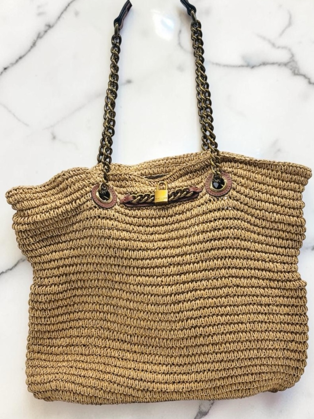 Kurt Geiger EUC Large Raffia Chelsea Tote with Chain Handles